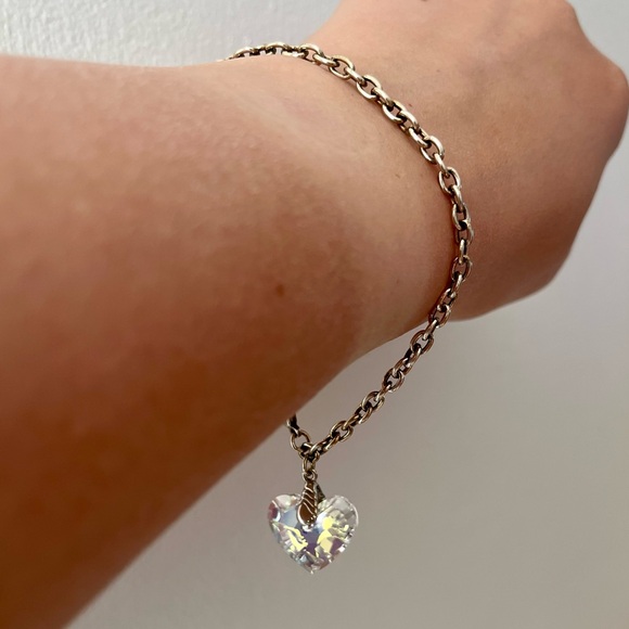 925 Silver Cable Chain Bracelet with Swarovski Crystal Heart - Picture 3 of 3